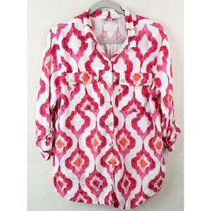 John Mark Linen Blend Ikat Print Button Front Shirt Womens M Boho Coastal Cruise